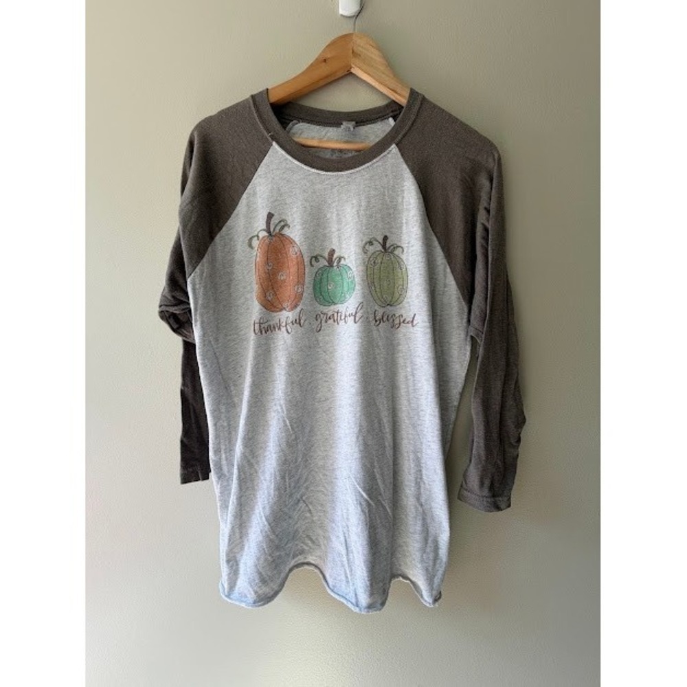 Fall Autumn Thanksgiving Handlettered Design T-Shirt S Gray Raglan Graphic Tee